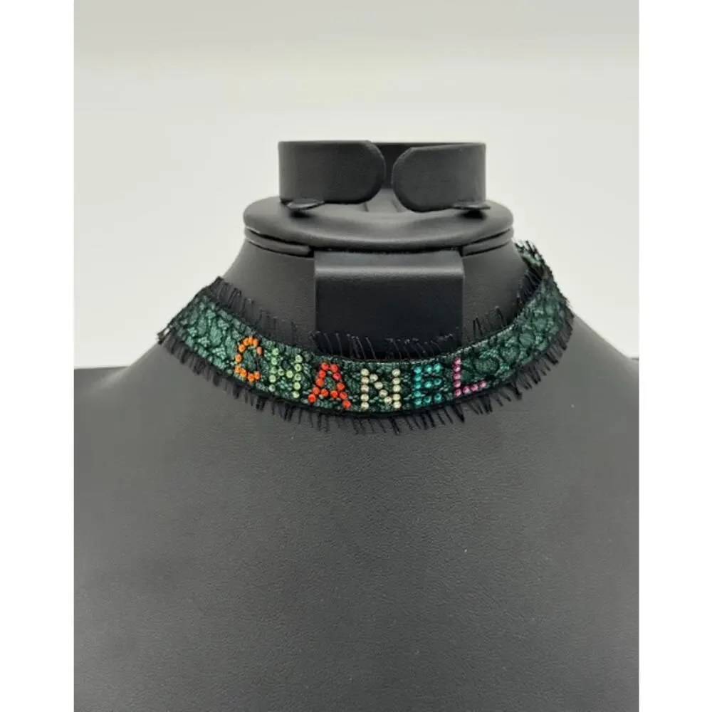 CHANEL Vintage Green Lace and Crystal Logo Choker Necklace